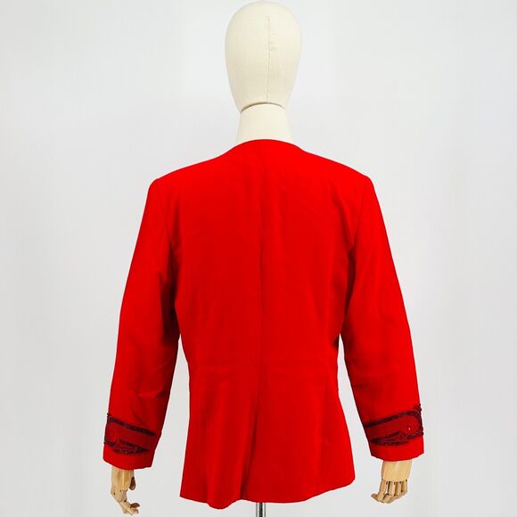 Vintage 80s Chancelle Linen Red Beaded Statement Made in Hong Kong Blazer - Picture 5 of 9